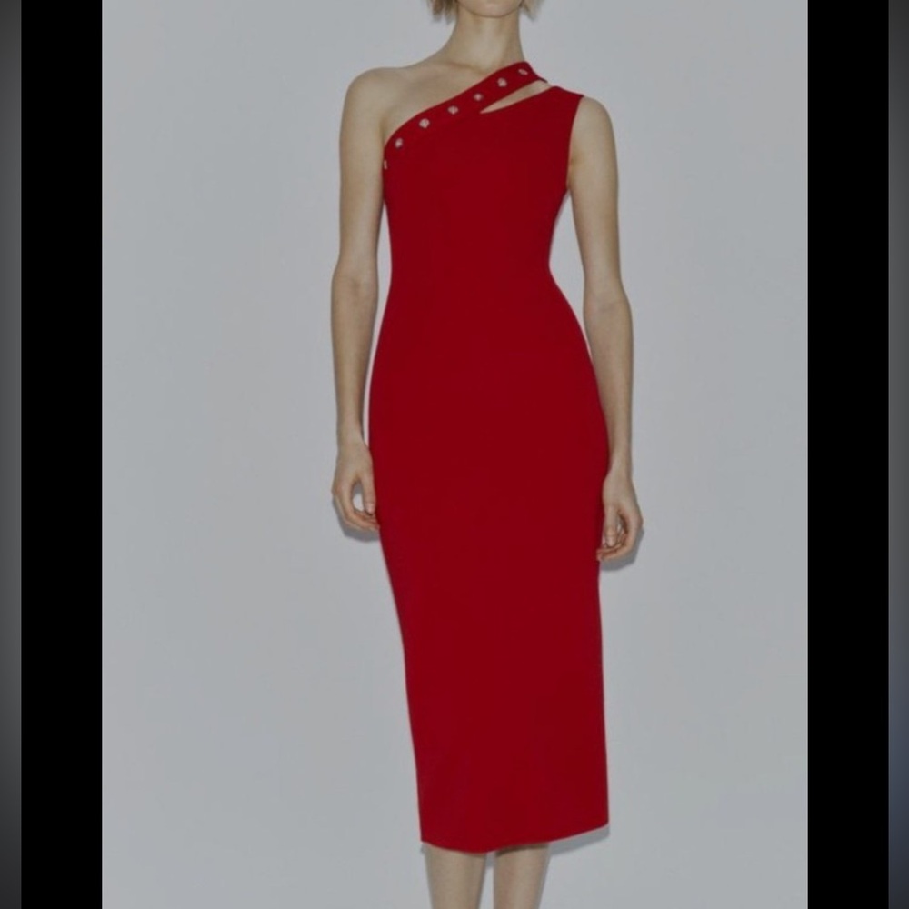 Zara Asymetrical Red Bullet Neck Dress
